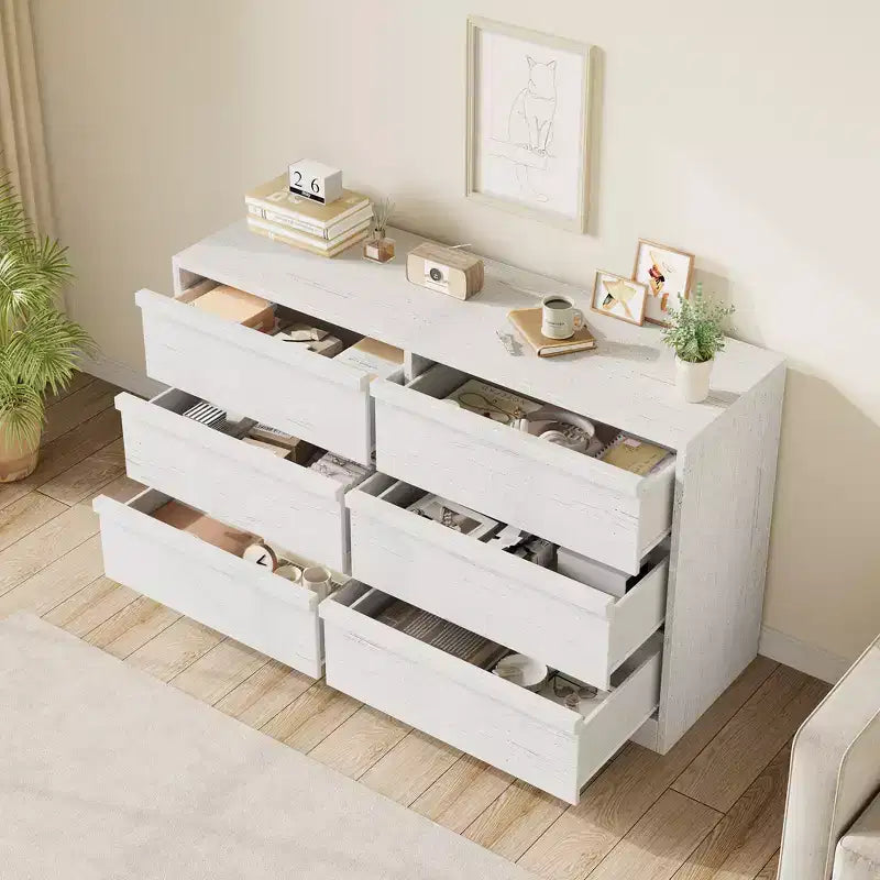 Modern double dressing table with six drawers, wooden storage cabinet, ample storage space, suitable for living rooms, nurseries and hallways.