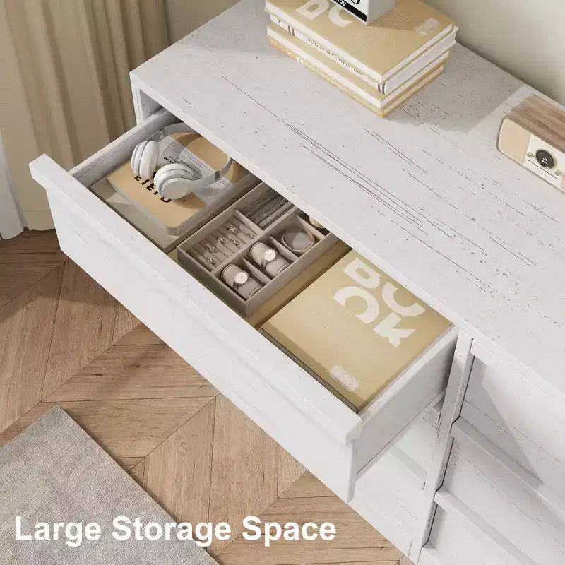 Modern double dressing table with six drawers, wooden storage cabinet, ample storage space, suitable for living rooms, nurseries and hallways.