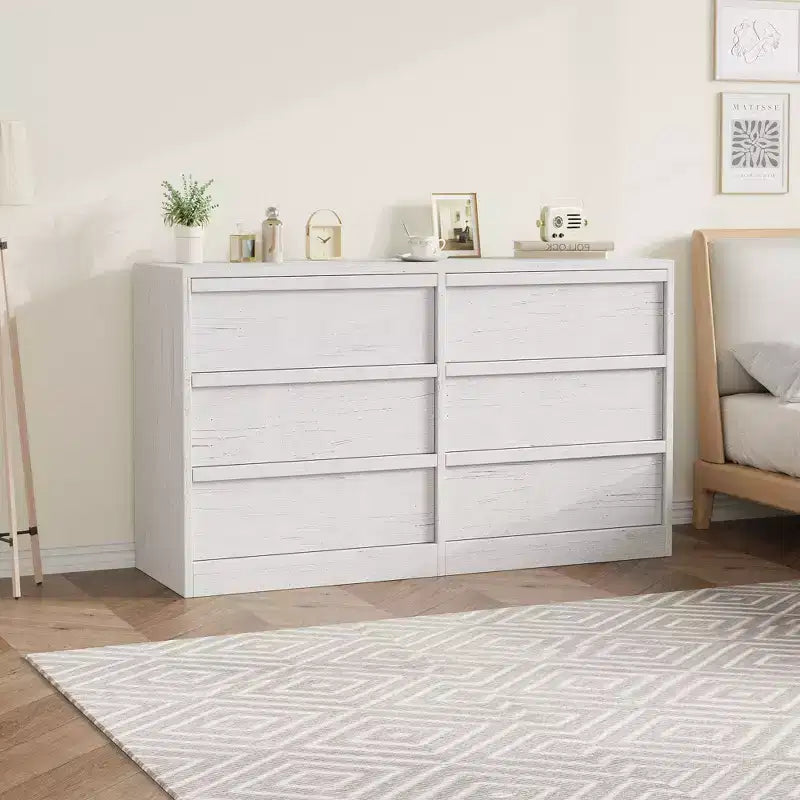 Modern double dressing table with six drawers, wooden storage cabinet, ample storage space, suitable for living rooms, nurseries and hallways.