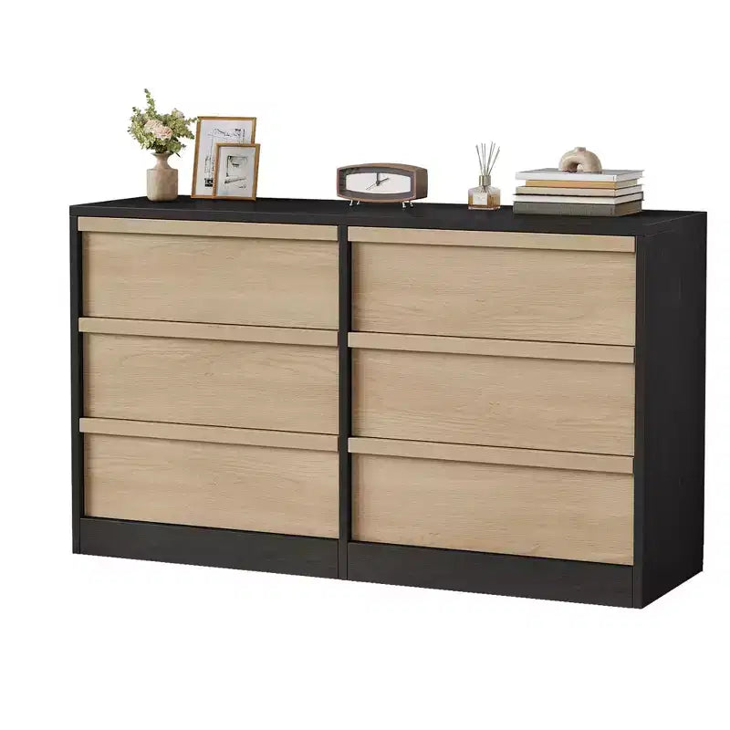 Modern double dressing table with six drawers, wooden storage cabinet, ample storage space, suitable for living rooms, nurseries and hallways.