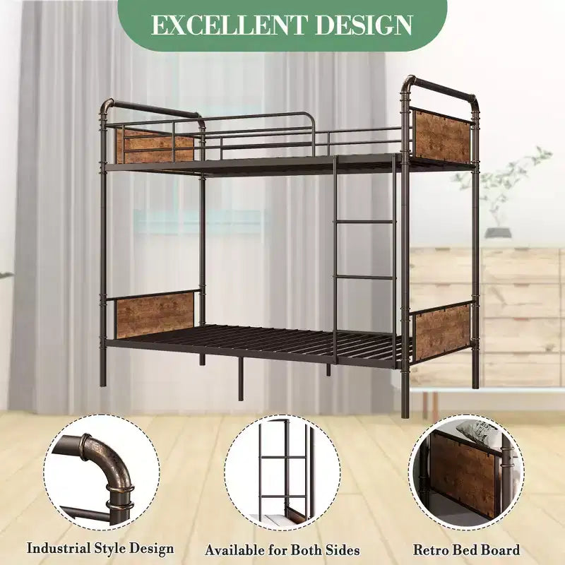 Metal bunk bed, convertible into two single bed frames, heavy-duty industrial bunk bed with safety rails, for back-to-school sales, bunk bed.