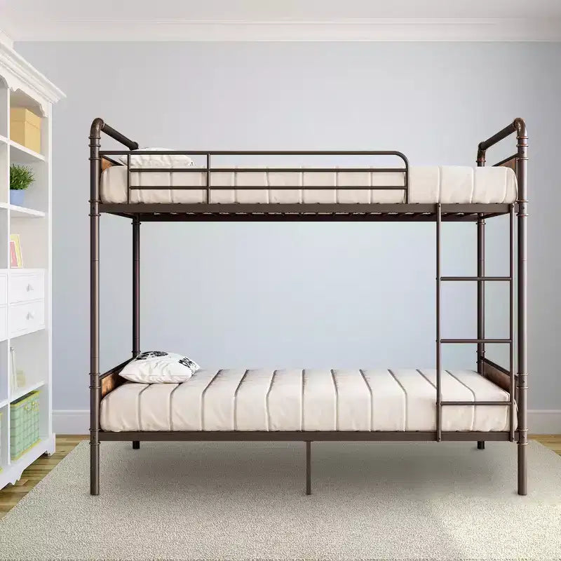 Metal bunk bed, convertible into two single bed frames, heavy-duty industrial bunk bed with safety rails, for back-to-school sales, bunk bed.