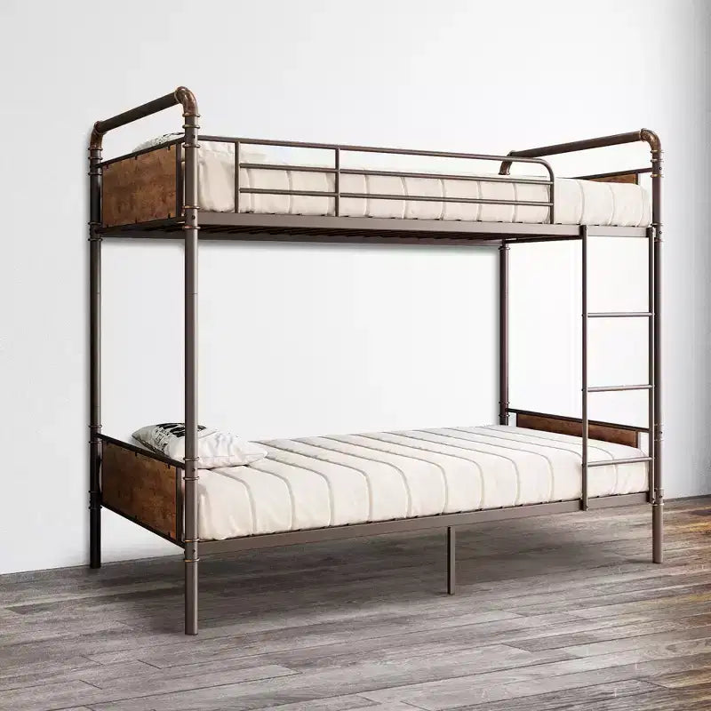 Metal bunk bed, convertible into two single bed frames, heavy-duty industrial bunk bed with safety rails, for back-to-school sales, bunk bed.