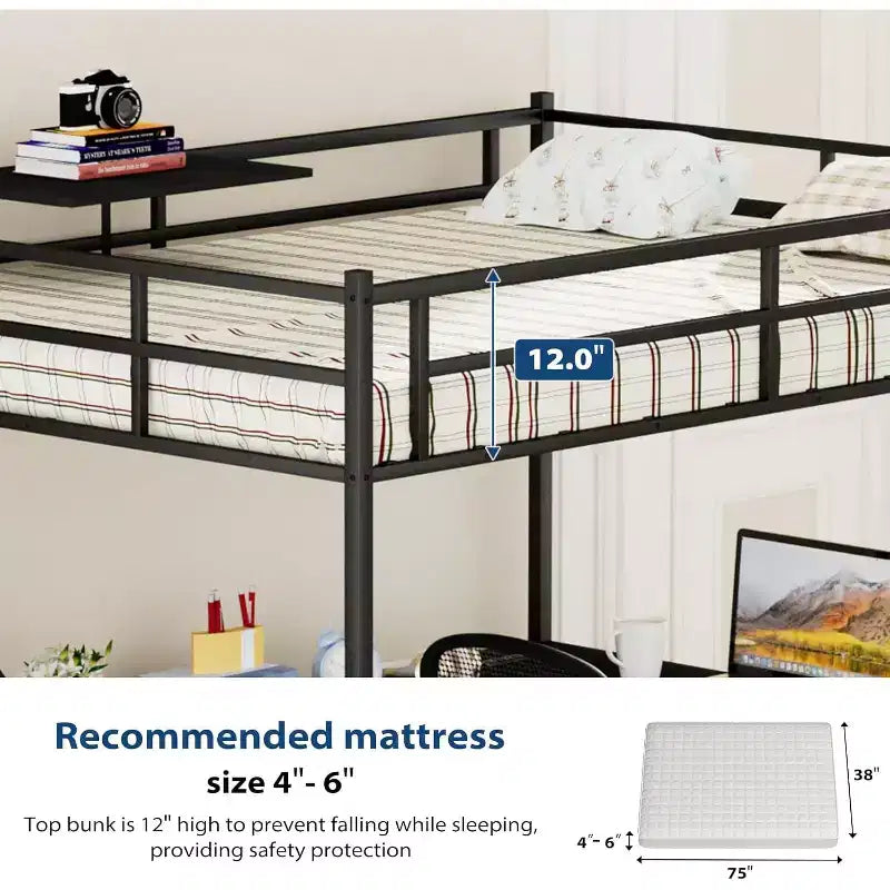 Zevemomo Full Size Loft Bed with L-Shaped Desk, Metal Loft Bed Frame,Wardrobe and Storage Stairs, Space Saving, Black