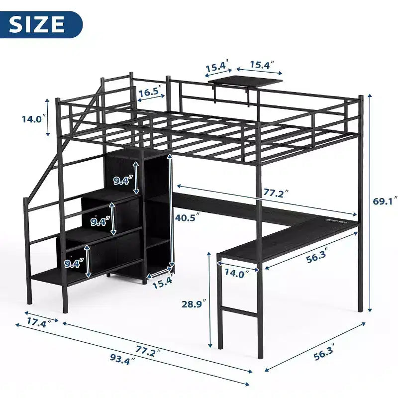 Zevemomo Full Size Loft Bed with L-Shaped Desk, Metal Loft Bed Frame,Wardrobe and Storage Stairs, Space Saving, Black