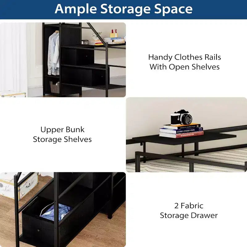 Zevemomo Full Size Loft Bed with L-Shaped Desk, Metal Loft Bed Frame,Wardrobe and Storage Stairs, Space Saving, Black