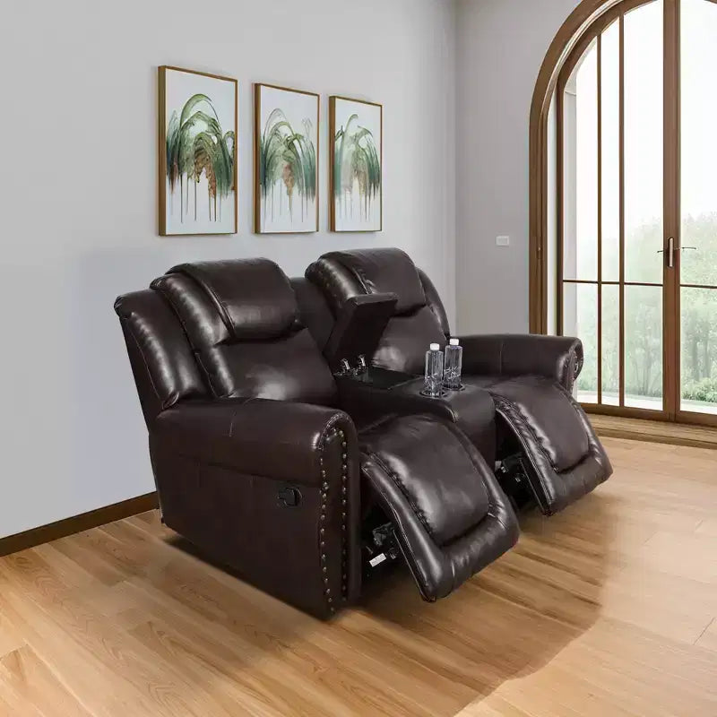 MAYEERTY Reclining Loveseat, 2-Seat Breathable Leather Recliner with Storage Bucket & Cup Holders for Living Room, Espresso