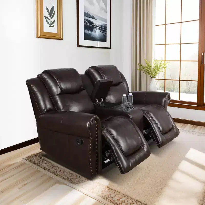 MAYEERTY Reclining Loveseat, 2-Seat Breathable Leather Recliner with Storage Bucket & Cup Holders for Living Room, Espresso