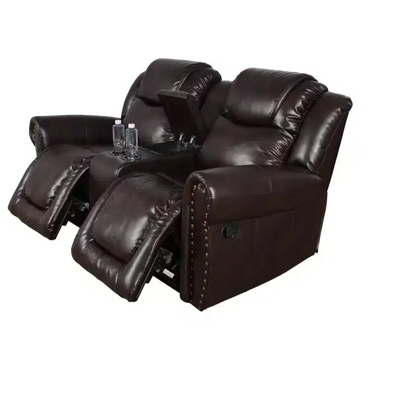 MAYEERTY Reclining Loveseat, 2-Seat Breathable Leather Recliner with Storage Bucket & Cup Holders for Living Room, Espresso