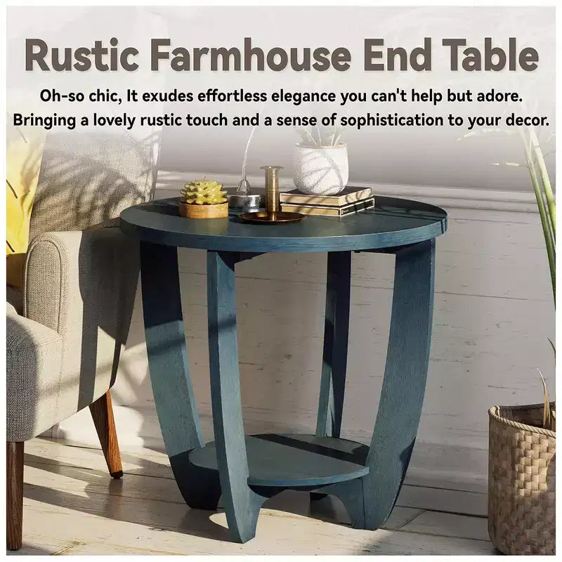 COZAYH Round End Table with Storage Shelf for Living Room or Bedroom, Blue