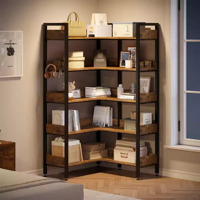 5-Tier Corner Bookshelf, Convertible L-Shaped Storage Shelf, Modern Industrial Bookcase for Home Office, Living Room, and Display Storage Solution