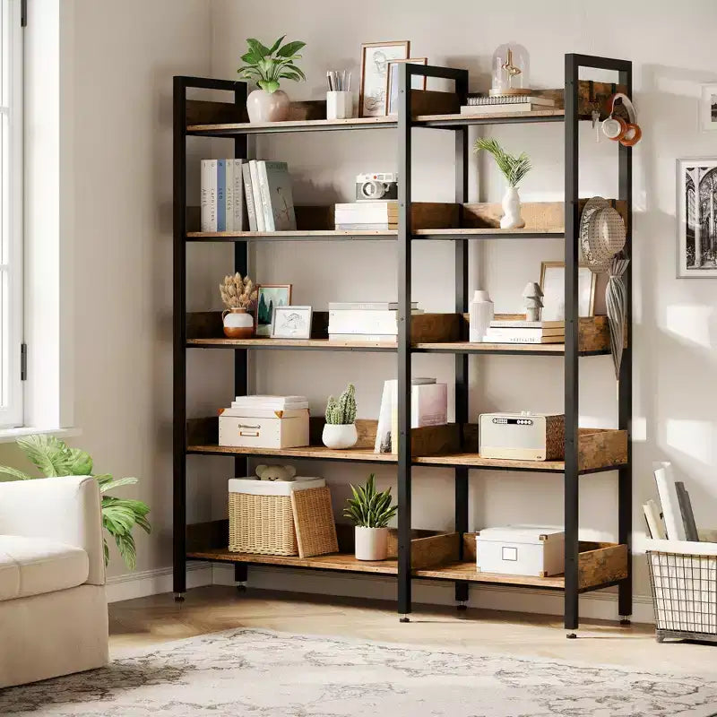 5-Tier Corner Bookshelf, Convertible L-Shaped Storage Shelf, Modern Industrial Bookcase for Home Office, Living Room, and Display Storage Solution