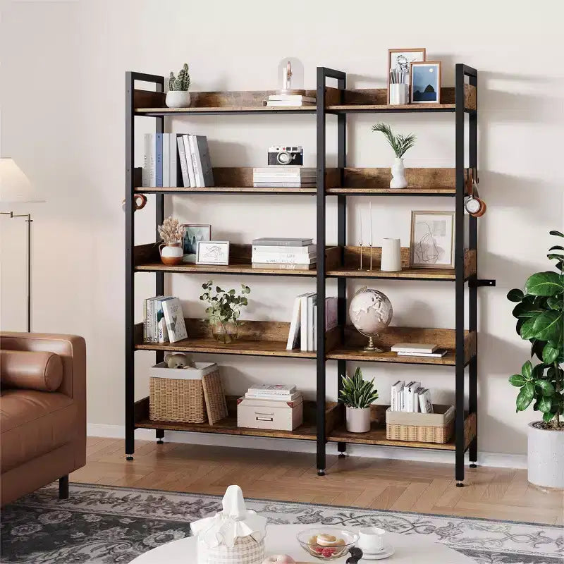 5-Tier Corner Bookshelf, Convertible L-Shaped Storage Shelf, Modern Industrial Bookcase for Home Office, Living Room, and Display Storage Solution