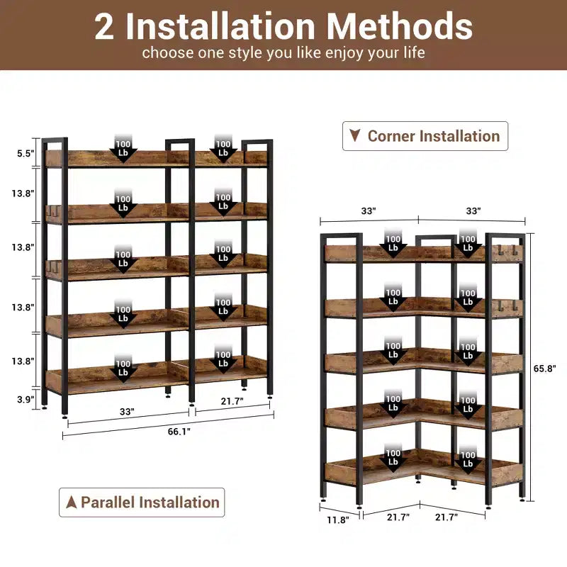 5-Tier Corner Bookshelf, Convertible L-Shaped Storage Shelf, Modern Industrial Bookcase for Home Office, Living Room, and Display Storage Solution