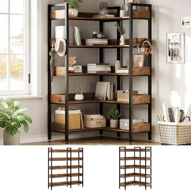 5-Tier Corner Bookshelf, Convertible L-Shaped Storage Shelf, Modern Industrial Bookcase for Home Office, Living Room, and Display Storage Solution