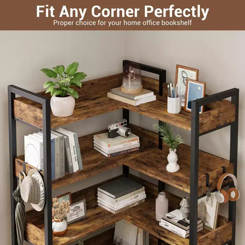 5-Tier Corner Bookshelf, Convertible L-Shaped Storage Shelf, Modern Industrial Bookcase for Home Office, Living Room, and Display Storage Solution