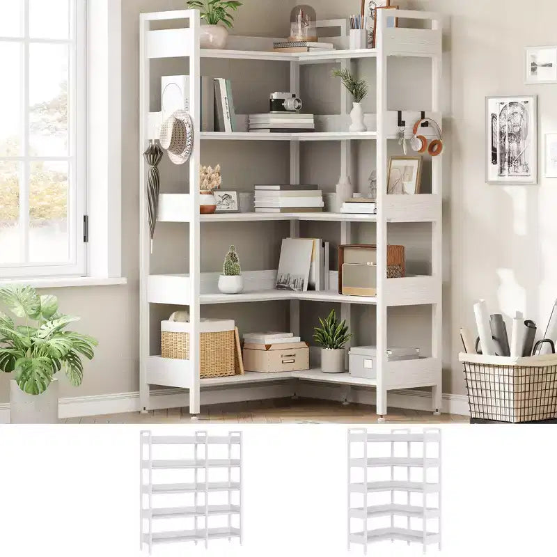 5-Tier Corner Bookshelf, Convertible L-Shaped Storage Shelf, Modern Industrial Bookcase for Home Office, Living Room, and Display Storage Solution