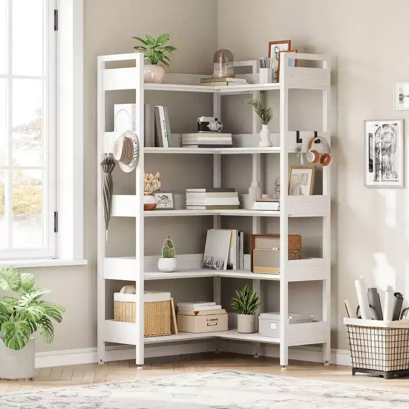 5-Tier Corner Bookshelf, Convertible L-Shaped Storage Shelf, Modern Industrial Bookcase for Home Office, Living Room, and Display Storage Solution