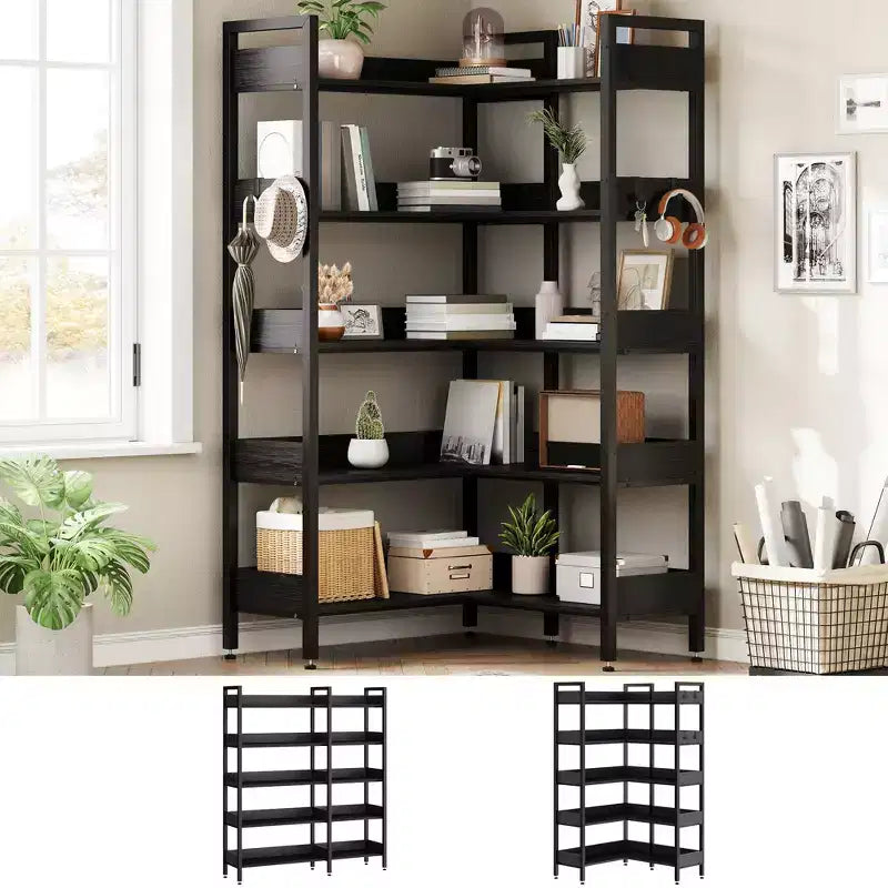 5-Tier Corner Bookshelf, Convertible L-Shaped Storage Shelf, Modern Industrial Bookcase for Home Office, Living Room, and Display Storage Solution