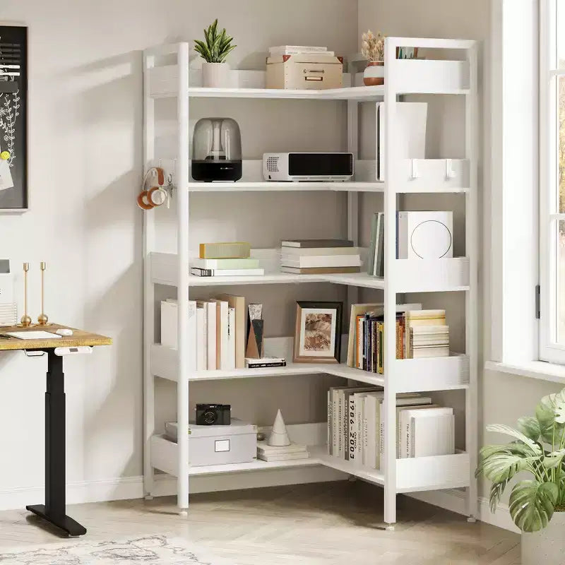 5-Tier Corner Bookshelf, Convertible L-Shaped Storage Shelf, Modern Industrial Bookcase for Home Office, Living Room, and Display Storage Solution