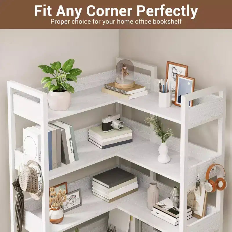 5-Tier Corner Bookshelf, Convertible L-Shaped Storage Shelf, Modern Industrial Bookcase for Home Office, Living Room, and Display Storage Solution