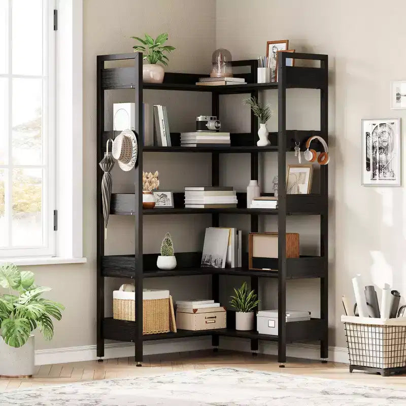 5-Tier Corner Bookshelf, Convertible L-Shaped Storage Shelf, Modern Industrial Bookcase for Home Office, Living Room, and Display Storage Solution