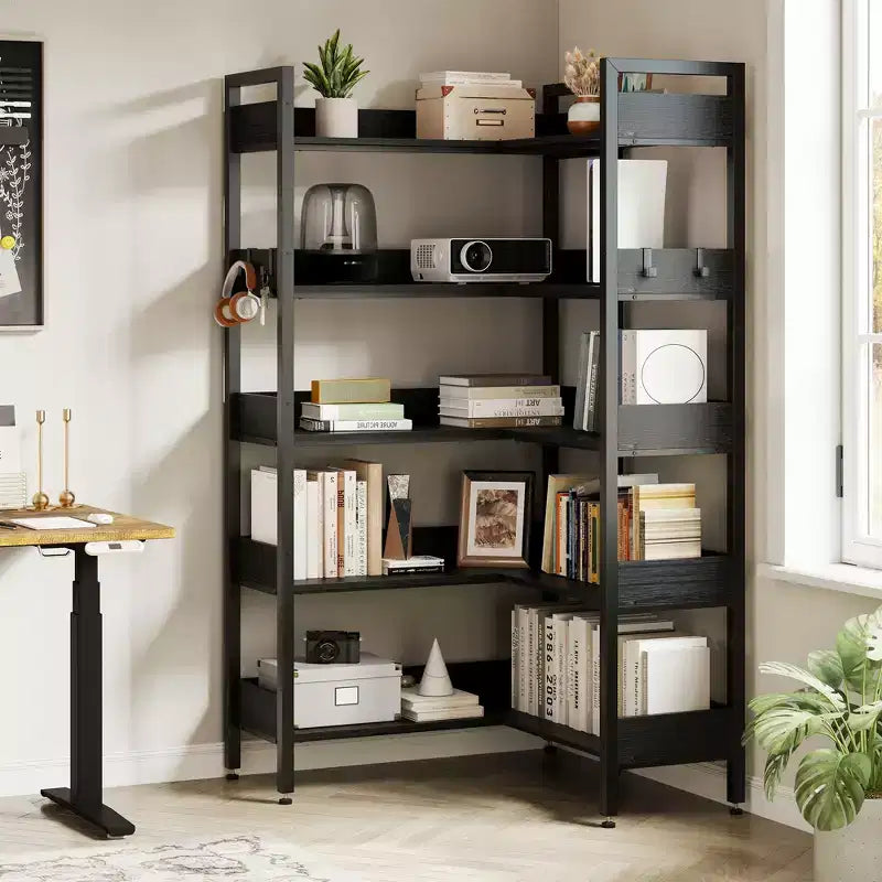 5-Tier Corner Bookshelf, Convertible L-Shaped Storage Shelf, Modern Industrial Bookcase for Home Office, Living Room, and Display Storage Solution