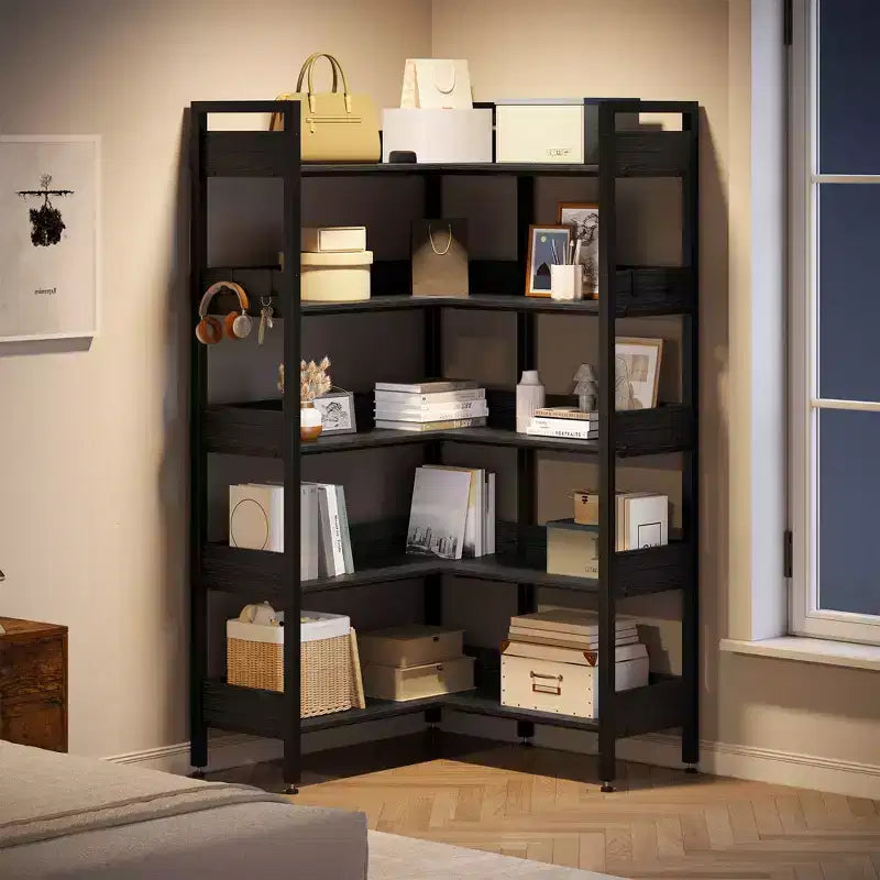 5-Tier Corner Bookshelf, Convertible L-Shaped Storage Shelf, Modern Industrial Bookcase for Home Office, Living Room, and Display Storage Solution