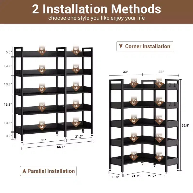 5-Tier Corner Bookshelf, Convertible L-Shaped Storage Shelf, Modern Industrial Bookcase for Home Office, Living Room, and Display Storage Solution