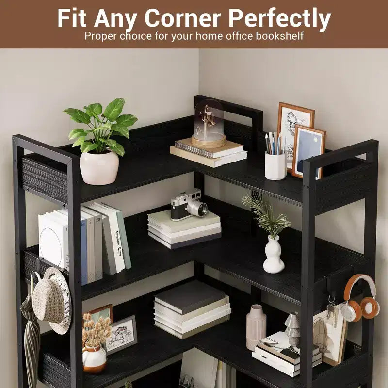 5-Tier Corner Bookshelf, Convertible L-Shaped Storage Shelf, Modern Industrial Bookcase for Home Office, Living Room, and Display Storage Solution