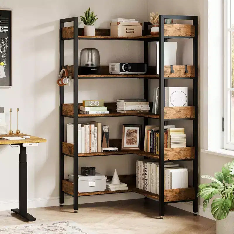 5-Tier Corner Bookshelf, Convertible L-Shaped Storage Shelf, Modern Industrial Bookcase for Home Office, Living Room, and Display Storage Solution