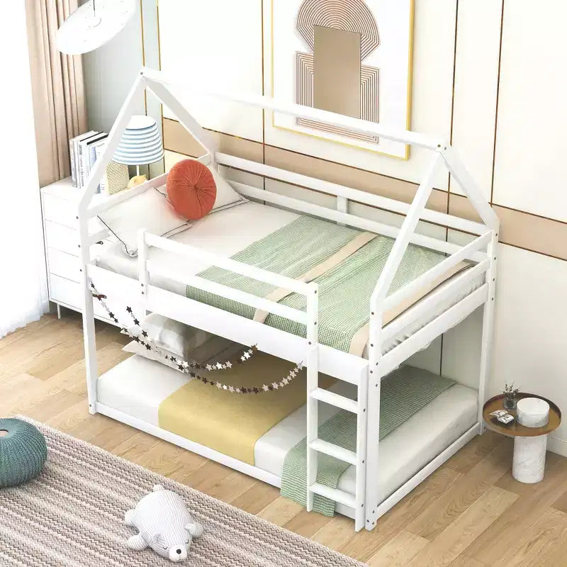 Twin Bed Frames House Bed Frame with Roof, Twin Size Bed Frame, Twin over Twin Low Bunk Bed with Slide and Ladder