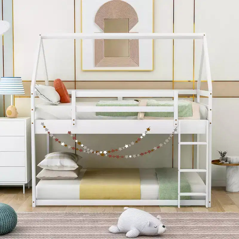Twin Bed Frames House Bed Frame with Roof, Twin Size Bed Frame, Twin over Twin Low Bunk Bed with Slide and Ladder