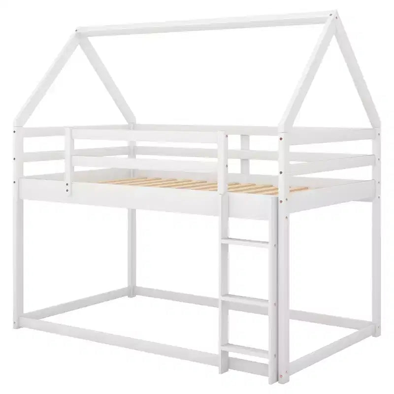 Twin Bed Frames House Bed Frame with Roof, Twin Size Bed Frame, Twin over Twin Low Bunk Bed with Slide and Ladder