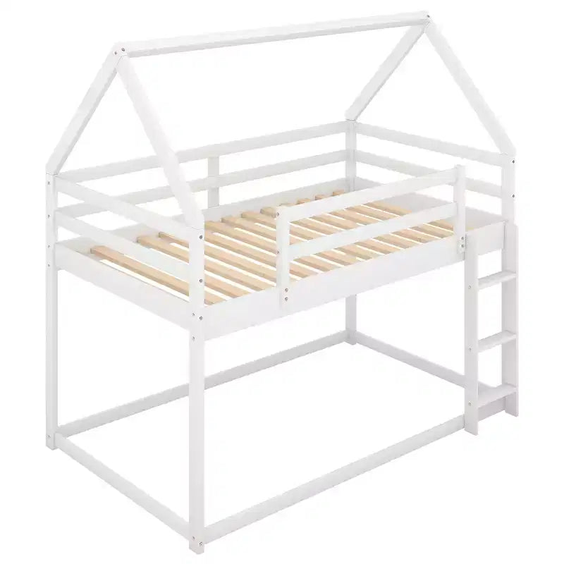 Twin Bed Frames House Bed Frame with Roof, Twin Size Bed Frame, Twin over Twin Low Bunk Bed with Slide and Ladder