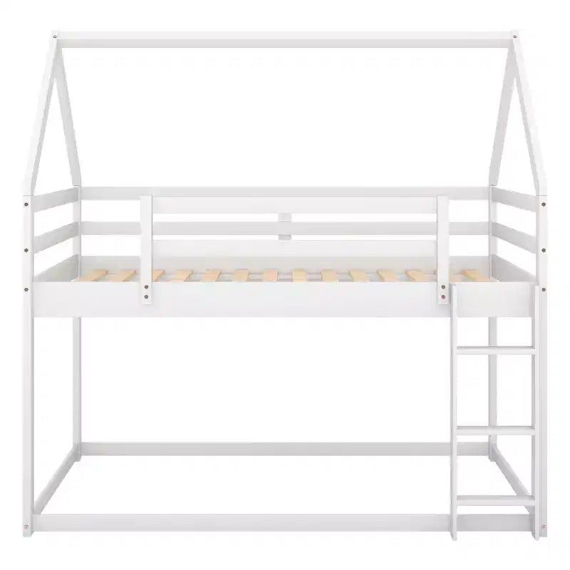 Twin Bed Frames House Bed Frame with Roof, Twin Size Bed Frame, Twin over Twin Low Bunk Bed with Slide and Ladder