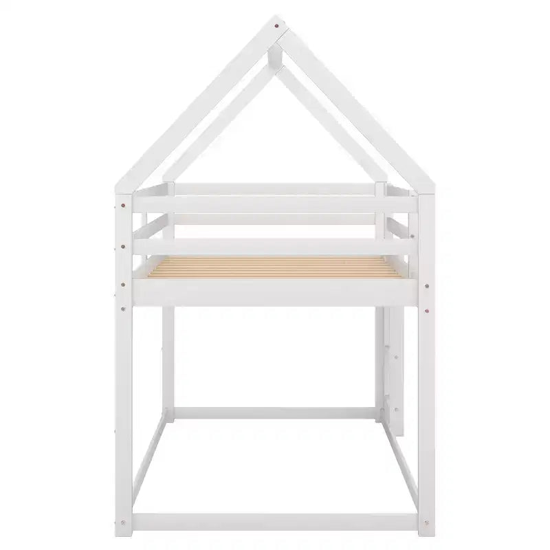 Twin Bed Frames House Bed Frame with Roof, Twin Size Bed Frame, Twin over Twin Low Bunk Bed with Slide and Ladder