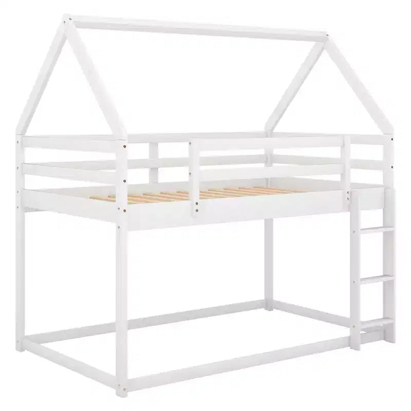 Twin Bed Frames House Bed Frame with Roof, Twin Size Bed Frame, Twin over Twin Low Bunk Bed with Slide and Ladder