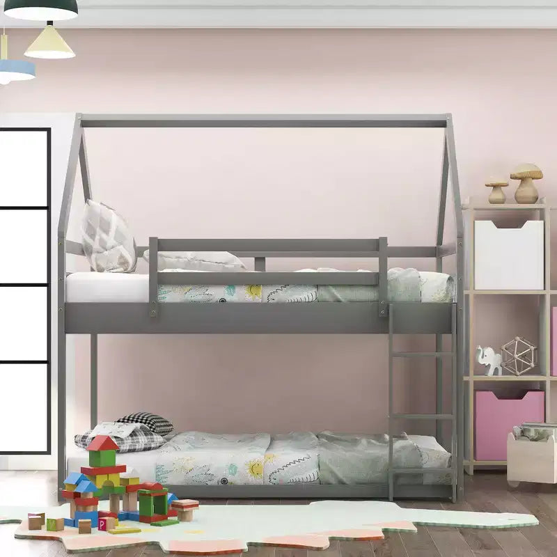 Twin Bed Frames House Bed Frame with Roof, Twin Size Bed Frame, Twin over Twin Low Bunk Bed with Slide and Ladder