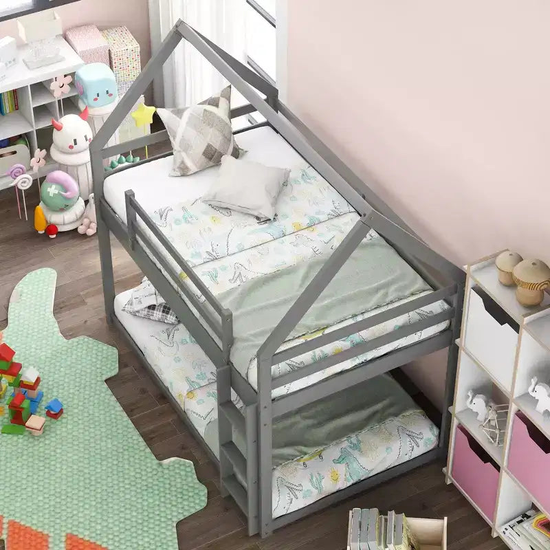 Twin Bed Frames House Bed Frame with Roof, Twin Size Bed Frame, Twin over Twin Low Bunk Bed with Slide and Ladder