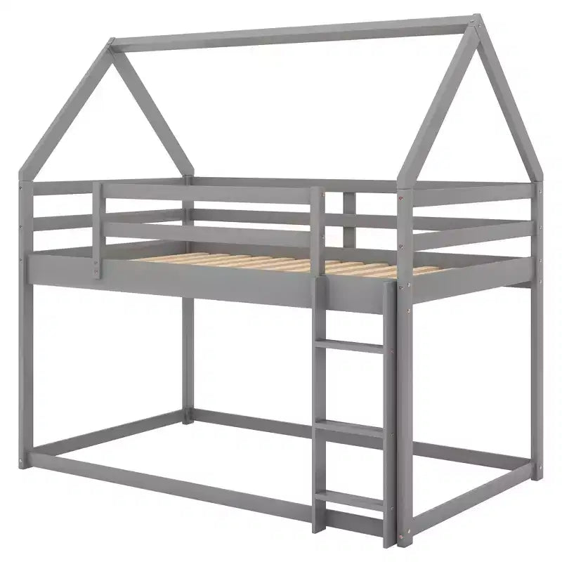 Twin Bed Frames House Bed Frame with Roof, Twin Size Bed Frame, Twin over Twin Low Bunk Bed with Slide and Ladder