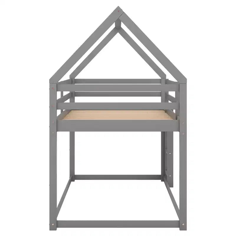 Twin Bed Frames House Bed Frame with Roof, Twin Size Bed Frame, Twin over Twin Low Bunk Bed with Slide and Ladder