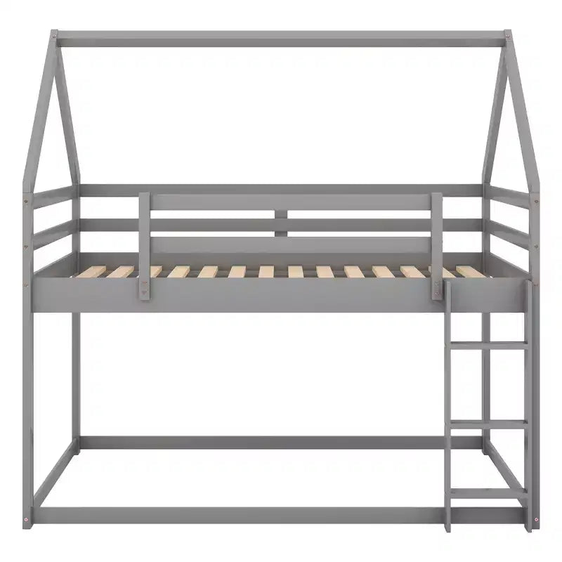 Twin Bed Frames House Bed Frame with Roof, Twin Size Bed Frame, Twin over Twin Low Bunk Bed with Slide and Ladder