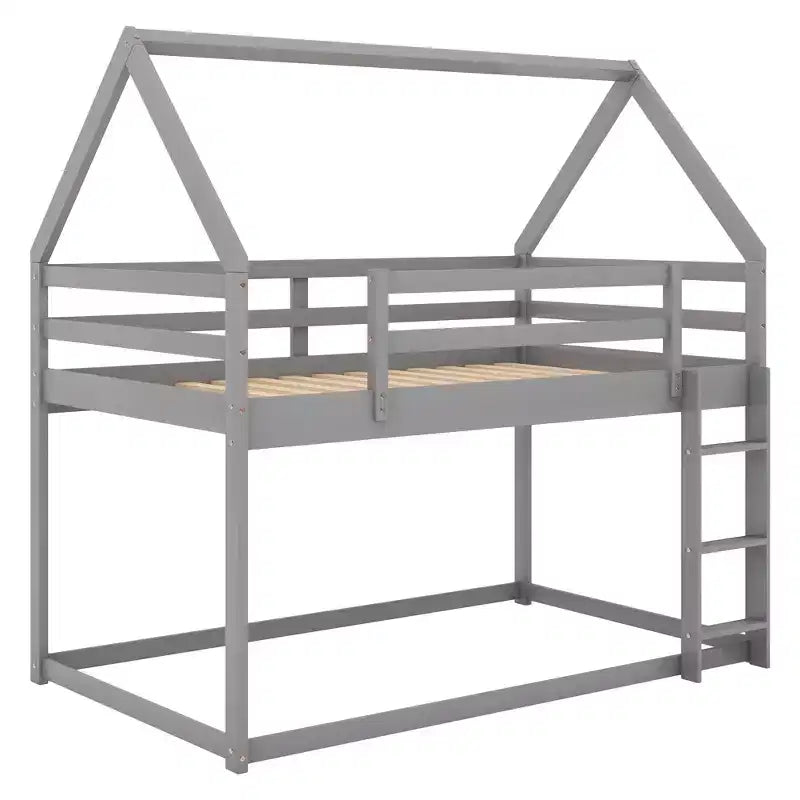 Twin Bed Frames House Bed Frame with Roof, Twin Size Bed Frame, Twin over Twin Low Bunk Bed with Slide and Ladder