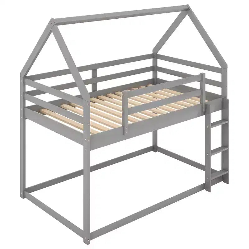 Twin Bed Frames House Bed Frame with Roof, Twin Size Bed Frame, Twin over Twin Low Bunk Bed with Slide and Ladder
