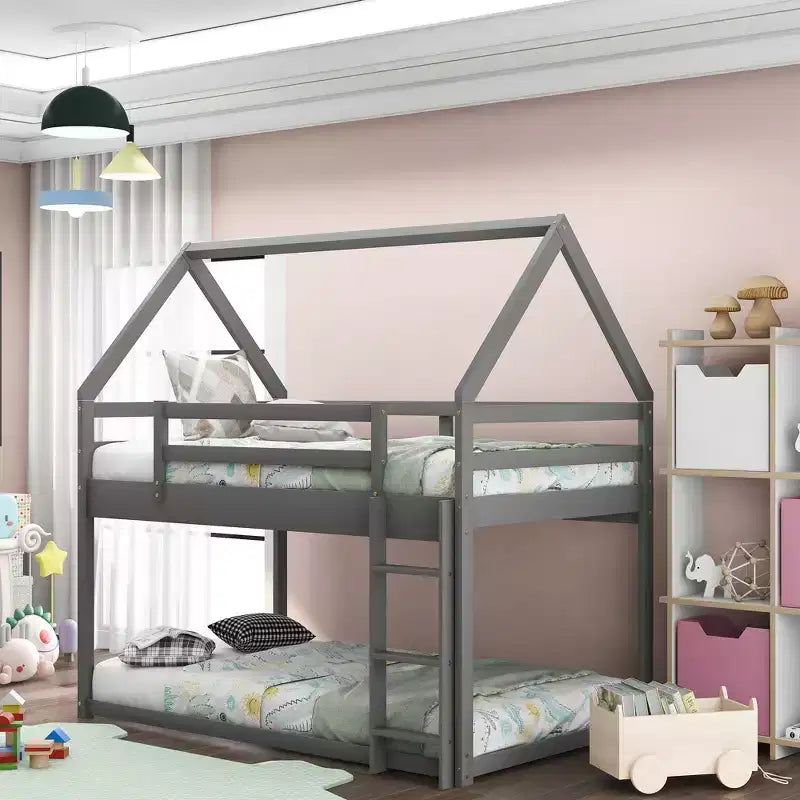 Twin Bed Frames House Bed Frame with Roof, Twin Size Bed Frame, Twin over Twin Low Bunk Bed with Slide and Ladder