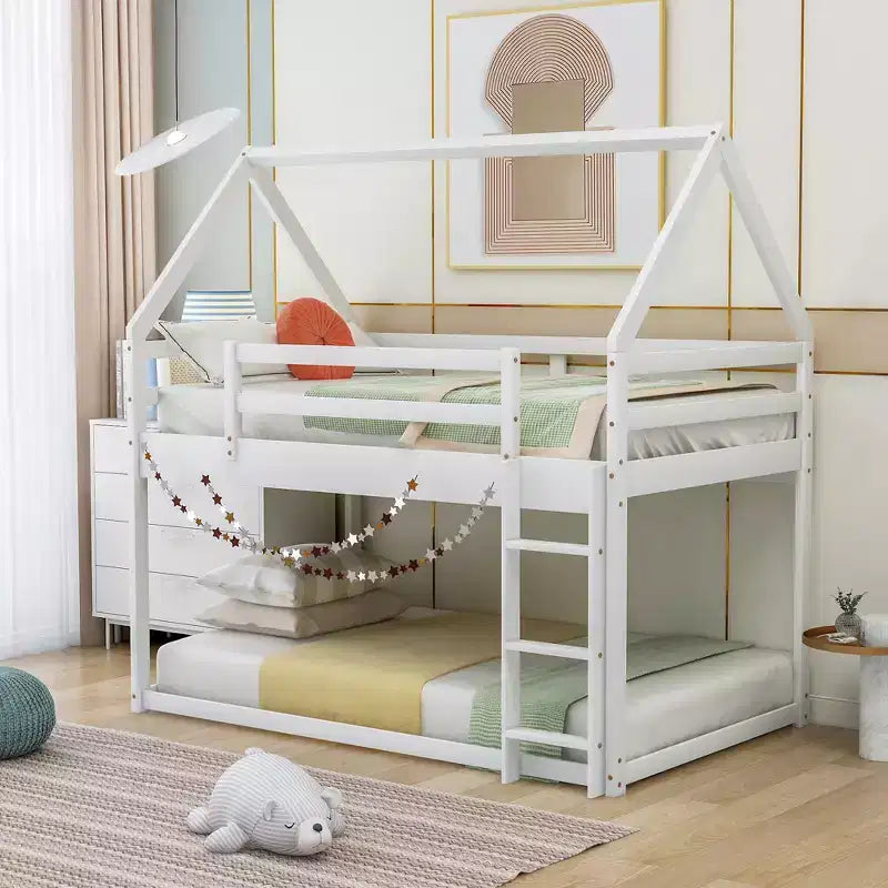 Twin Bed Frames House Bed Frame with Roof, Twin Size Bed Frame, Twin over Twin Low Bunk Bed with Slide and Ladder