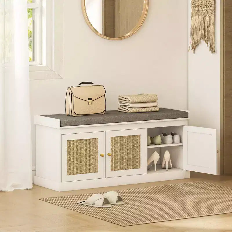 Shoe Storage Bench with Woven Rattan Doors, Shoe Bench with Cushion, Adjustable Shelves, Entryway Bench