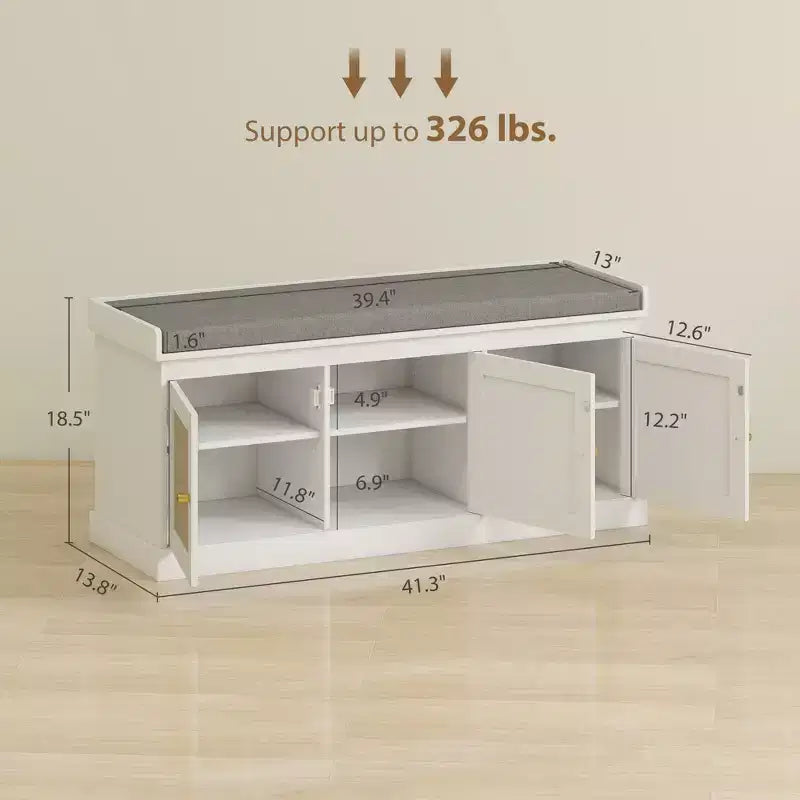 Shoe Storage Bench with Woven Rattan Doors, Shoe Bench with Cushion, Adjustable Shelves, Entryway Bench