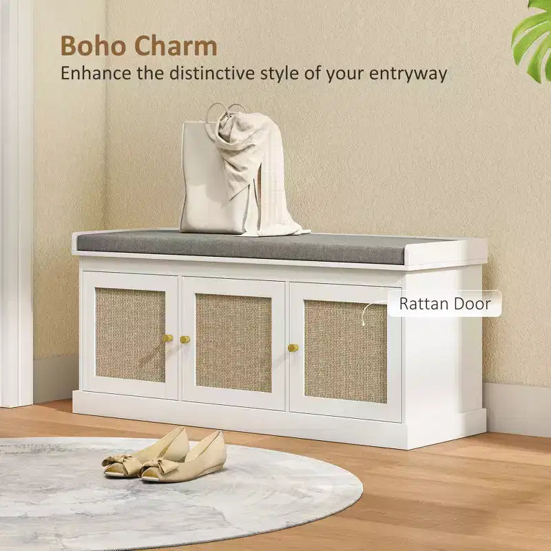 Shoe Storage Bench with Woven Rattan Doors, Shoe Bench with Cushion, Adjustable Shelves, Entryway Bench